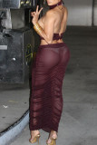 Brown Sexy Print Patchwork Fold Low Waist Pencil Full Print Bottoms