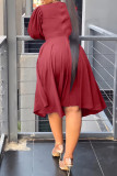 Red Casual Solid Hollowed Out V Neck A Line Dresses