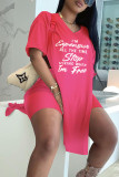 Pink Casual Print Patchwork Slit V Neck Short Sleeve Two Pieces