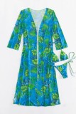 Green Sexy Print Bandage Cardigan Swimsuit Three Piece Set (With Paddings)
