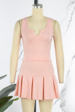 Pink Sexy Casual Solid Patchwork V Neck Sleeveless Two Pieces