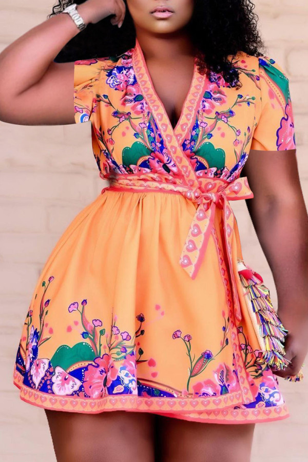 Orange Casual Print Bandage Patchwork V Neck A Line Dresses