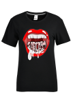 Black Casual Daily Lips Printed Patchwork O Neck T-Shirts