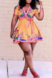Orange Casual Print Bandage Patchwork V Neck A Line Dresses