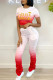 Red Casual Gradual Change Print Bronzing Patchwork Fold O Neck Short Sleeve Two Pieces