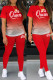 Red Casual Gradual Change Letter Print Basic O Neck Short Sleeve Two Pieces