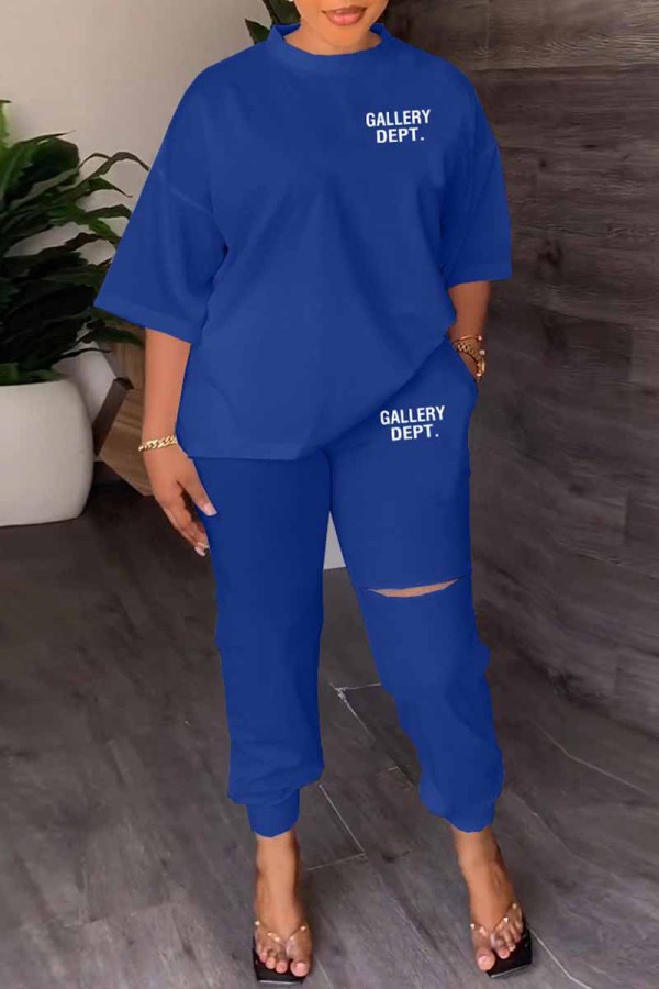 Royal Blue Casual Print Letter O Neck Three Quarter Two Pieces