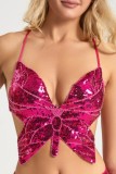 Red Sexy Patchwork Sequins Backless Spaghetti Strap Tops