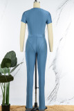 Blue Casual Solid Basic O Neck Short Sleeve Two Pieces
