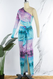 Light Blue Sexy Print Hollowed Out Patchwork Slit Oblique Collar Straight Dresses