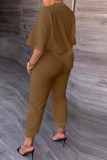 Red Casual Print Letter O Neck Three Quarter Two Pieces
