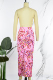 Pink Sexy Casual Print Backless V Neck Long Dress Dresses