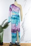 Light Blue Sexy Print Hollowed Out Patchwork Slit Oblique Collar Straight Dresses