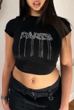 Black Casual Letter Hot Drilling Patchwork O Neck T-Shirts