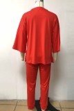 Red Casual Print Letter O Neck Three Quarter Two Pieces