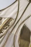 Gold Sexy Patchwork See-through Slit Turtleneck Sleeveless Dress Dresses