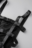 Black Sexy Solid Patchwork See-through Backless Spaghetti Strap Sleeveless Two Pieces