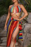 Multicolor Sexy Print Bandage Backless Swimsuit Three Piece Set (With Paddings)