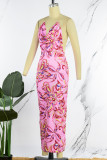 Pink Sexy Casual Print Backless V Neck Long Dress Dresses