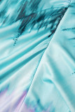 Light Blue Sexy Print Hollowed Out Patchwork Slit Oblique Collar Straight Dresses