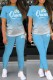 Sky Blue Casual Gradual Change Letter Print Basic O Neck Short Sleeve Two Pieces
