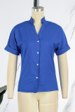 Blue Casual Solid Patchwork Buckle Mandarin Collar Tops