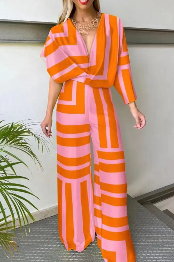 Orange Casual Print Patchwork Asymmetrical V Neck Straight Jumpsuits
