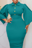 Cyan Elegant Solid Patchwork Turndown Collar One Step Skirt Dresses