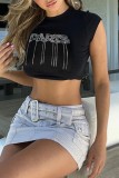 Black Casual Letter Hot Drilling Patchwork O Neck T-Shirts