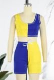 Yellow Blue Casual Sportswear Solid Patchwork U Neck Two Pieces