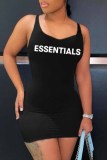 Black Street Print Letter U Neck One Step Skirt Dresses