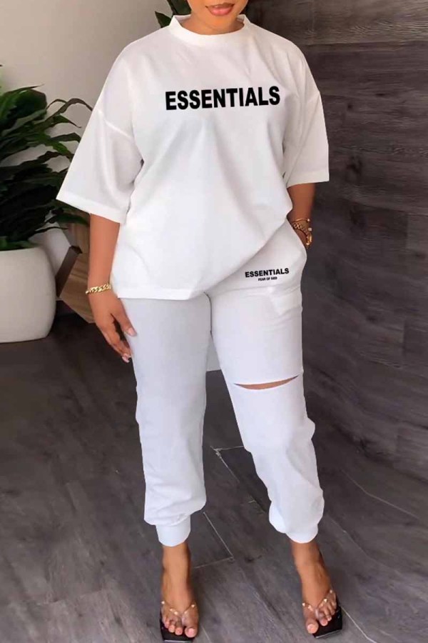 White Casual Print Letter O Neck Three Quarter Two Pieces