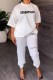 White Casual Print Letter O Neck Three Quarter Two Pieces