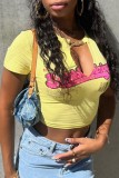 Yellow Casual Letter Print Basic V Neck T-Shirts
