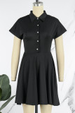 Black Casual Solid Patchwork Turndown Collar Short Sleeve Dress