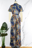 Blue Casual Print Patchwork Buckle Turndown Collar Straight Jumpsuits