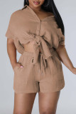 Pink Casual Solid Patchwork Shirt Collar Short Sleeve Two Pieces