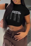 Black Casual Letter Hot Drilling Patchwork O Neck T-Shirts
