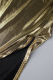 Gold Sexy Patchwork See-through Slit Turtleneck Sleeveless Dress Dresses