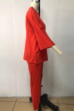 Red Casual Print Letter O Neck Three Quarter Two Pieces