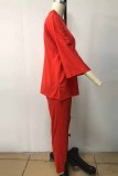 Red Casual Print Letter O Neck Three Quarter Two Pieces
