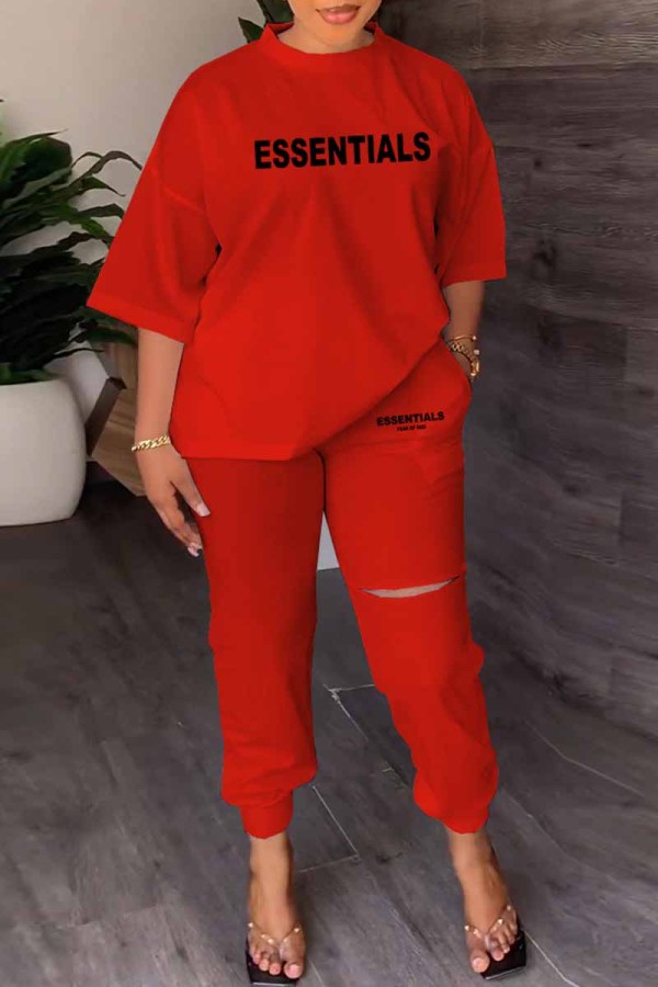 Red Casual Print Letter O Neck Three Quarter Two Pieces