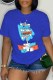 Blue Casual Print Letter O Neck T-Shirts