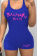 Blue Casual Sportswear Print Patchwork U Neck Skinny Rompers