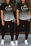 Red Casual Gradual Change Letter Print Basic O Neck Short Sleeve Two Pieces