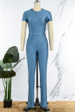 Blue Casual Solid Basic O Neck Short Sleeve Two Pieces