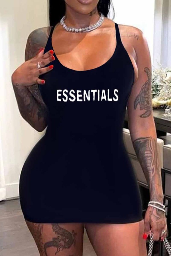 Black Street Print Letter U Neck One Step Skirt Dresses