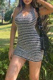 Black Sexy Striped Bandage Backless Halter Sleeveless Dress Dresses
