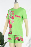 Fluorescent Color Casual Street Print Patchwork O Neck Short Sleeve Two Pieces