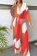 Red Casual Print Patchwork Asymmetrical V Neck Straight Jumpsuits